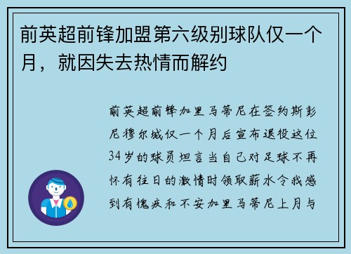 前英超前锋加盟第六级别球队仅一个月,就因失去热情而解约 前英超前锋加盟第六级别球队仅一个月,就因失去热情而解约