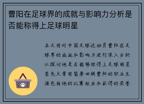 曹阳在足球界的成就与影响力分析是否能称得上足球明星